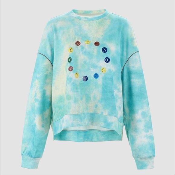 NEW Cider blue tie dye‎ smiley face crew neck reflective piping sweatshirt L - Picture 1 of 12